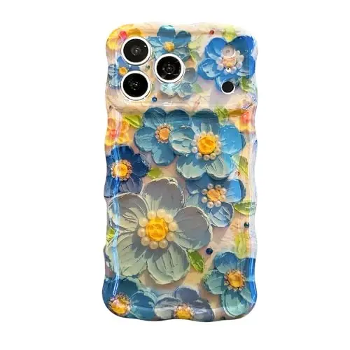 EYZUTAK Case for iPhone 16, Colorful Retro Oil Painting Flower Laser Glossy Pattern Cute Curly Wave Edge Exquisite Phone Cover Stylish Durable TPU Protective Case for Girl Women - Blue - 3