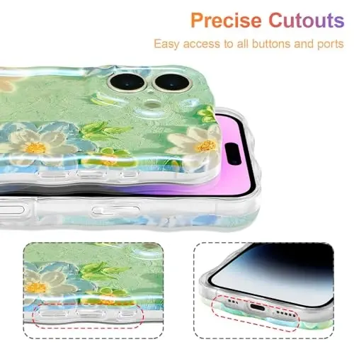 EYZUTAK Case for iPhone 16, Colorful Retro Oil Painting Flower Laser Glossy Pattern Cute Curly Wave Edge Exquisite Phone Cover Stylish Durable TPU Protective Case for Girl Women - Blue White - 5