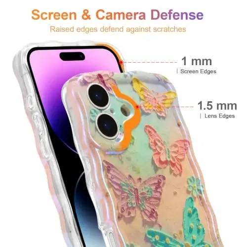 EYZUTAK Case for iPhone 16, Colorful Retro Oil Painting Flower Laser Glossy Pattern Cute Curly Wave Edge Exquisite Phone Cover Stylish Durable TPU Protective Case for Girl Women - Butterflies - 4