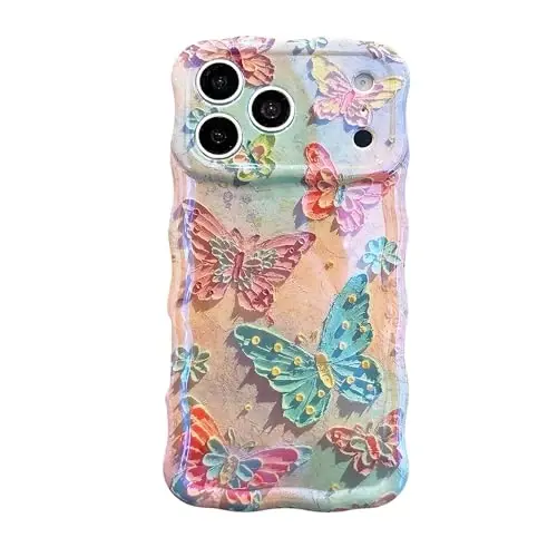 EYZUTAK Case for iPhone 16, Colorful Retro Oil Painting Flower Laser Glossy Pattern Cute Curly Wave Edge Exquisite Phone Cover Stylish Durable TPU Protective Case for Girl Women - Butterflies - 3