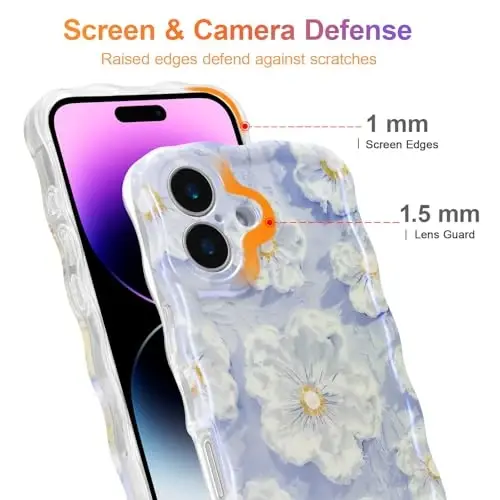 EYZUTAK Case for iPhone 16, Colorful Retro Oil Painting Flower Laser Glossy Pattern Cute Curly Wave Edge Exquisite Phone Cover Stylish Durable TPU Protective Case for Girl Women - Light Blue - 4