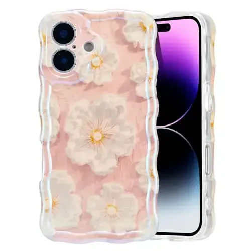 EYZUTAK Case for iPhone 16, Colorful Retro Oil Painting Flower Laser Glossy Pattern Cute Curly Wave Edge Exquisite Phone Cover Stylish Durable TPU Protective Case for Girl Women - Light Pink - 1