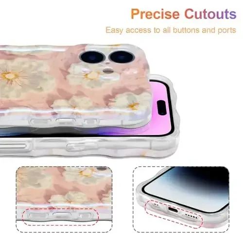 EYZUTAK Case for iPhone 16, Colorful Retro Oil Painting Flower Laser Glossy Pattern Cute Curly Wave Edge Exquisite Phone Cover Stylish Durable TPU Protective Case for Girl Women - Light Pink - 5
