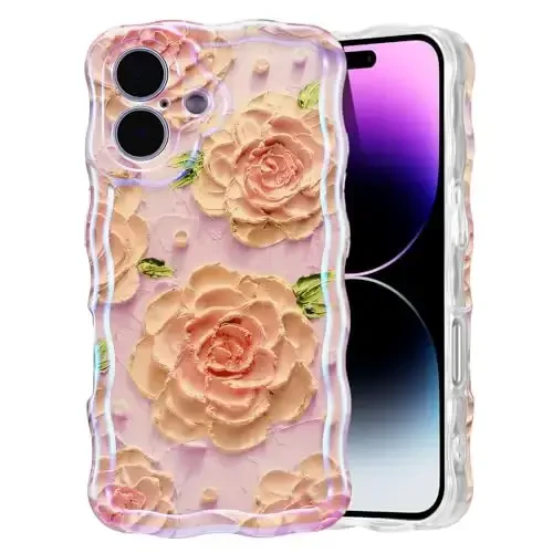 EYZUTAK Case for iPhone 16, Colorful Retro Oil Painting Flower Laser Glossy Pattern Cute Curly Wave Edge Exquisite Phone Cover Stylish Durable TPU Protective Case for Girl Women - Pink Peony - EYZUTAK