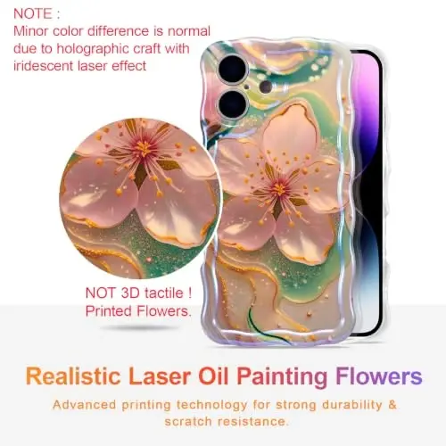 EYZUTAK Case for iPhone 16, Colorful Retro Oil Painting Flower Laser Glossy Pattern Cute Curly Wave Edge Exquisite Phone Cover Stylish Durable TPU Protective Case for Girl Women - Sakura - EYZUTAK (1)