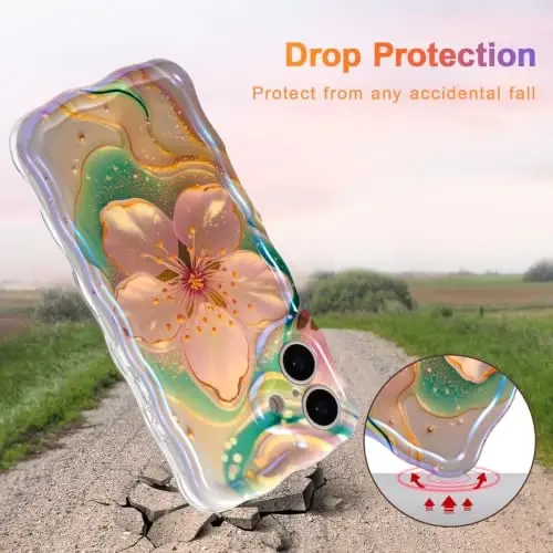 EYZUTAK Case for iPhone 16, Colorful Retro Oil Painting Flower Laser Glossy Pattern Cute Curly Wave Edge Exquisite Phone Cover Stylish Durable TPU Protective Case for Girl Women - Sakura - 3