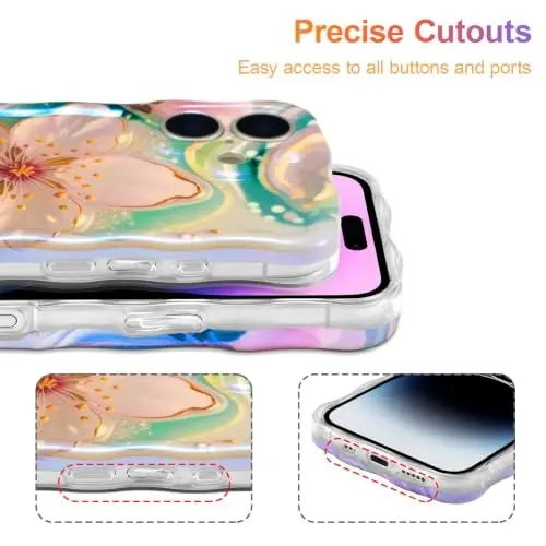 EYZUTAK Case for iPhone 16, Colorful Retro Oil Painting Flower Laser Glossy Pattern Cute Curly Wave Edge Exquisite Phone Cover Stylish Durable TPU Protective Case for Girl Women - Sakura - 5