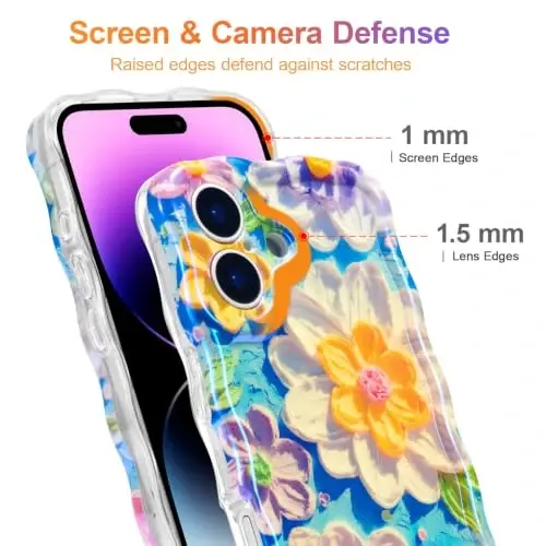 EYZUTAK Case for iPhone 16, Colorful Retro Oil Painting Flower Laser Glossy Pattern Cute Curly Wave Edge Exquisite Phone Cover Stylish Durable TPU Protective Case for Girl Women - White 