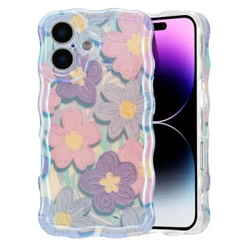 EYZUTAK Case for iPhone 16, Colorful Retro Oil Painting Flower Laser Glossy Pattern Cute Curly Wave Edge Exquisite Phone Cover Stylish Durable TPU Protective Case for Girls Women - Pink Purple 