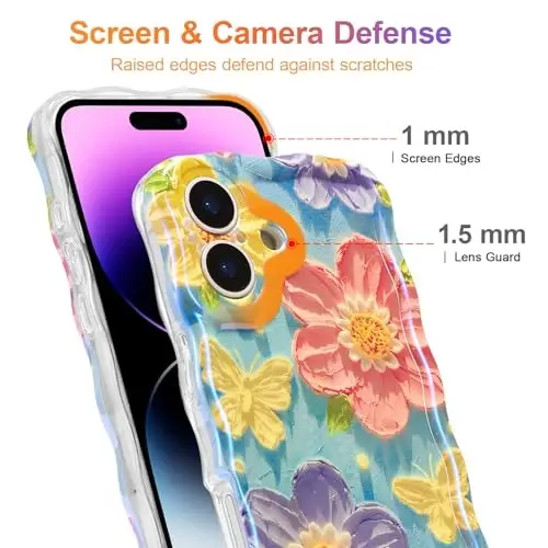 EYZUTAK Case for iPhone 16, Colorful Retro Oil Painting Flower Laser Glossy Pattern Cute Curly Wave Edge Exquisite Phone Cover Stylish Durable TPU Protective Case for Women - Butterfly Flower - 4