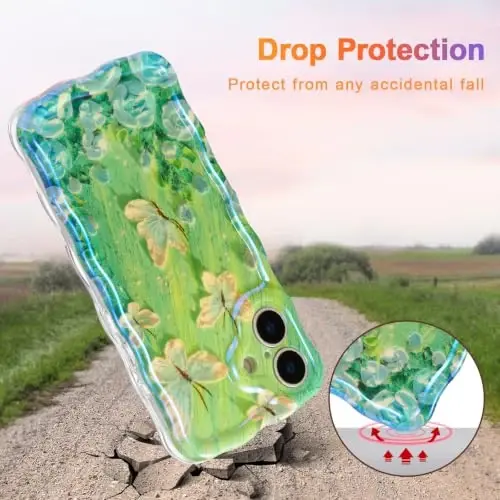 EYZUTAK Case for iPhone 16, Colorful Retro Oil Painting Flower Laser Glossy Pattern Cute Curly Wave Edge Exquisite Phone Cover Stylish Durable TPU Protective Case for Women - Butterfly Green - 3