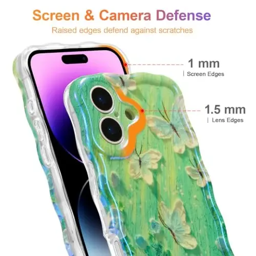 EYZUTAK Case for iPhone 16, Colorful Retro Oil Painting Flower Laser Glossy Pattern Cute Curly Wave Edge Exquisite Phone Cover Stylish Durable TPU Protective Case for Women - Butterfly Green - 4