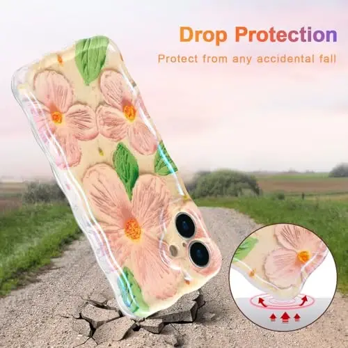EYZUTAK Case for iPhone 16, Colorful Retro Oil Painting Flower Leaf Laser Glossy Pattern Cute Curly Waves Edge Exquisite Phone Cover Stylish Durable TPU Protective Case for Women - Pink Green - 3