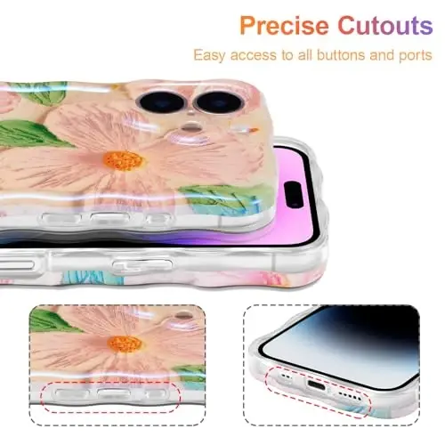 EYZUTAK Case for iPhone 16, Colorful Retro Oil Painting Flower Leaf Laser Glossy Pattern Cute Curly Waves Edge Exquisite Phone Cover Stylish Durable TPU Protective Case for Women - Pink Green - 5