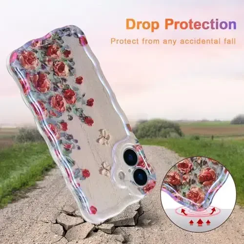 EYZUTAK Case for iPhone 16, Colorful Retro Oil Painting Printed Flower Laser Glossy Pattern Cute Curly Wave Edge Exquisite Phone Cover Stylish Durable TPU Protective Case for Girl Women-Beige - 3