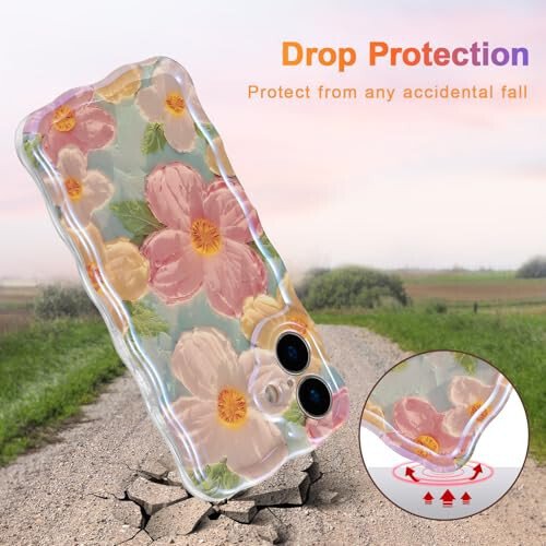 EYZUTAK Case for iPhone 16, Colorful Retro Oil Painting Printed Flower Laser Glossy Pattern Cute Curly Wave Edge Exquisite Phone Cover Stylish Durable TPU Protective Case for Girl Women-Green - 3