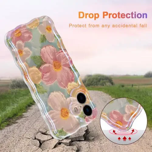 EYZUTAK Case for iPhone 16, Colorful Retro Oil Painting Printed Flower Laser Glossy Pattern Cute Curly Wave Edge Exquisite Phone Cover Stylish Durable TPU Protective Case for Girl Women-Green - 3