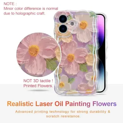 EYZUTAK Case for iPhone 16, Colorful Retro Oil Painting Printed Flower Laser Glossy Pattern Cute Curly Wave Edge Exquisite Phone Cover Stylish Durable TPU Protective Case for Girl Women-Pink - 2