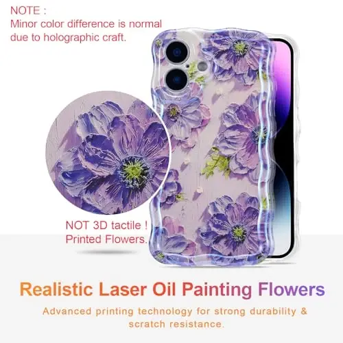 EYZUTAK Case for iPhone 16, Colorful Retro Oil Painting Printed Flower Laser Glossy Pattern Cute Curly Wave Edge Exquisite Phone Cover Stylish Durable TPU Protective Case for Girl Women-Purple - 2