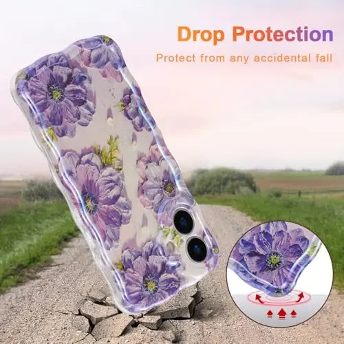 EYZUTAK Case for iPhone 16, Colorful Retro Oil Painting Printed Flower Laser Glossy Pattern Cute Curly Wave Edge Exquisite Phone Cover Stylish Durable TPU Protective Case for Girl Women-Purple - 3