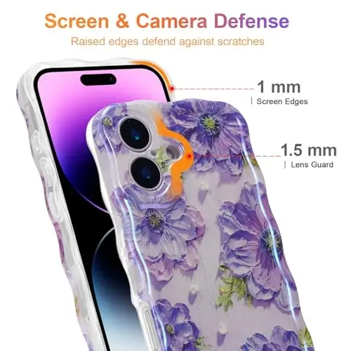EYZUTAK Case for iPhone 16, Colorful Retro Oil Painting Printed Flower Laser Glossy Pattern Cute Curly Wave Edge Exquisite Phone Cover Stylish Durable TPU Protective Case for Girl Women-Purple - 4