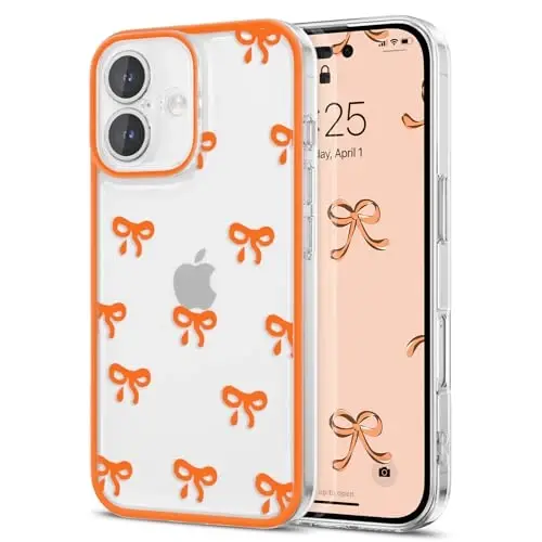 EYZUTAK Case for iPhone 16 Plus, Clear Cute Ribbon Bowknot Pattern Aesthetic Transparent Phone Case Raised Camera Protection Stylish Slim Soft Durable TPU Protective Cover for Women Girls - Orange 