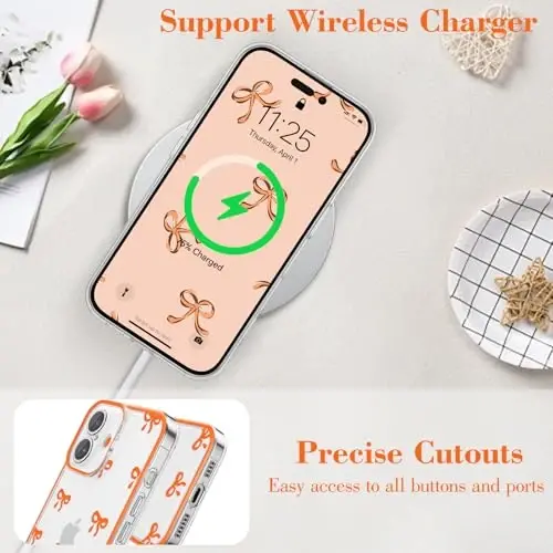 EYZUTAK Case for iPhone 16 Plus, Clear Cute Ribbon Bowknot Pattern Aesthetic Transparent Phone Case Raised Camera Protection Stylish Slim Soft Durable TPU Protective Cover for Women Girls - Orange - 5