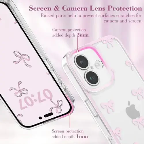 EYZUTAK Case for iPhone 16 Plus, Clear Cute Ribbon Bowknot Pattern Aesthetic Transparent Phone Case Raised Camera Protection Stylish Slim Soft Durable TPU Protective Cover for Women Girls - Pink - 2