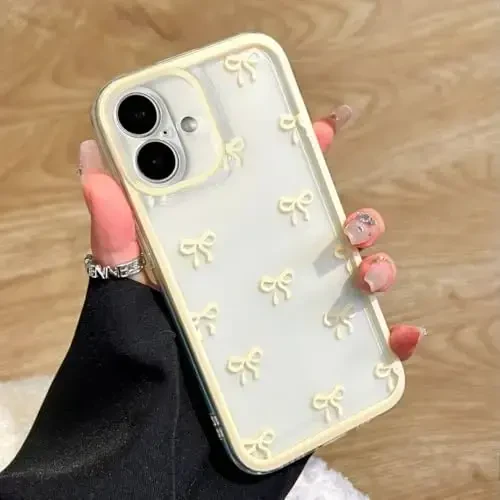 EYZUTAK Case for iPhone 16 Plus, Clear Cute Ribbon Bowknot Pattern Aesthetic Transparent Phone Case Raised Camera Protection Stylish Slim Soft Durable TPU Protective Cover for Women Girls - Yellow - EYZUTAK