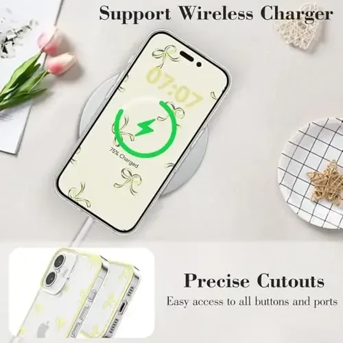 EYZUTAK Case for iPhone 16 Plus, Clear Cute Ribbon Bowknot Pattern Aesthetic Transparent Phone Case Raised Camera Protection Stylish Slim Soft Durable TPU Protective Cover for Women Girls - Yellow - 5