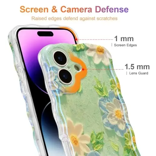 EYZUTAK Case for iPhone 16 Plus, Colorful Retro Oil Painting Flower Laser Glossy Pattern Cute Curly Wave Edge Exquisite Phone Cover Stylish Durable TPU Protective Case for Girl Women - Blue White - 4
