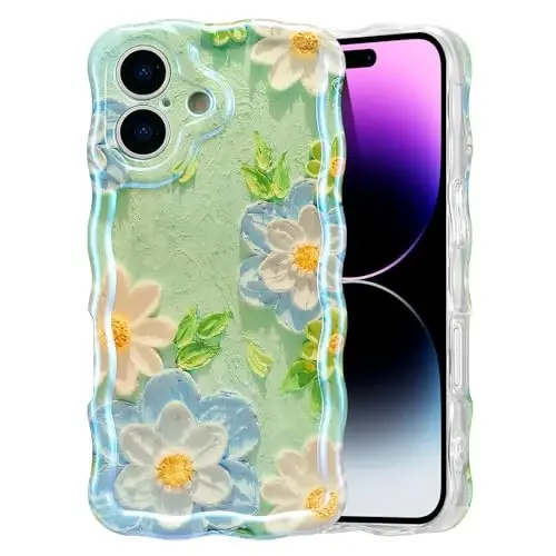 EYZUTAK Case for iPhone 16 Plus, Colorful Retro Oil Painting Flower Laser Glossy Pattern Cute Curly Wave Edge Exquisite Phone Cover Stylish Durable TPU Protective Case for Girl Women - Blue White - 1