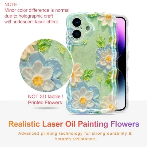 EYZUTAK Case for iPhone 16 Plus, Colorful Retro Oil Painting Flower Laser Glossy Pattern Cute Curly Wave Edge Exquisite Phone Cover Stylish Durable TPU Protective Case for Girl Women - Blue White - 2