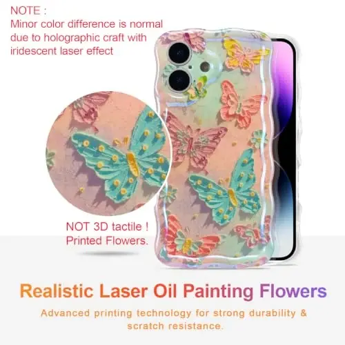 EYZUTAK Case for iPhone 16 Plus, Colorful Retro Oil Painting Flower Laser Glossy Pattern Cute Curly Wave Edge Exquisite Phone Cover Stylish Durable TPU Protective Case for Girl Women - Butterflies - 2