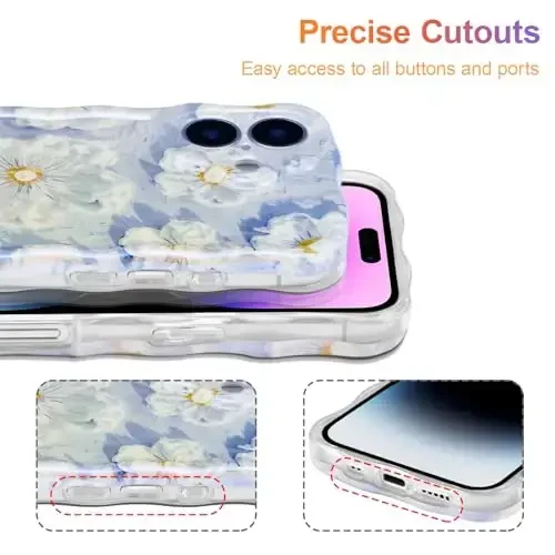 EYZUTAK Case for iPhone 16 Plus, Colorful Retro Oil Painting Flower Laser Glossy Pattern Cute Curly Wave Edge Exquisite Phone Cover Stylish Durable TPU Protective Case for Girl Women - Light Blue - 5