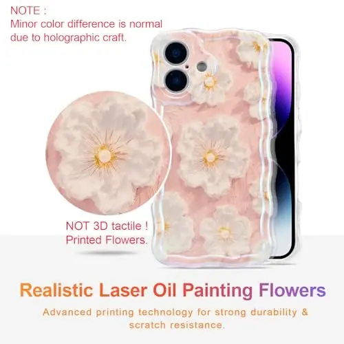 EYZUTAK Case for iPhone 16 Plus, Colorful Retro Oil Painting Flower Laser Glossy Pattern Cute Curly Wave Edge Exquisite Phone Cover Stylish Durable TPU Protective Case for Girl Women - Light Pink - 2