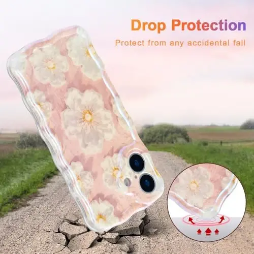 EYZUTAK Case for iPhone 16 Plus, Colorful Retro Oil Painting Flower Laser Glossy Pattern Cute Curly Wave Edge Exquisite Phone Cover Stylish Durable TPU Protective Case for Girl Women - Light Pink - 3
