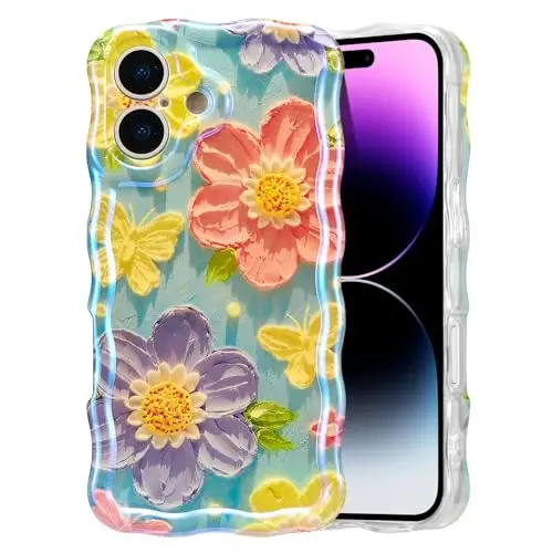 EYZUTAK Case for iPhone 16 Plus, Colorful Retro Oil Painting Flower Laser Glossy Pattern Cute Curly Wave Edge Exquisite Phone Cover Stylish Durable TPU Protective Case for Women - Butterfly Flower 