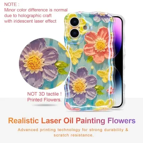 EYZUTAK Case for iPhone 16 Plus, Colorful Retro Oil Painting Flower Laser Glossy Pattern Cute Curly Wave Edge Exquisite Phone Cover Stylish Durable TPU Protective Case for Women - Butterfly Flower - EYZUTAK (1)