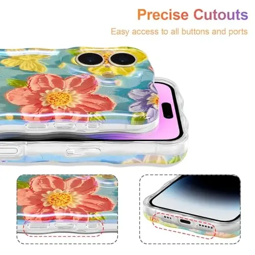 EYZUTAK Case for iPhone 16 Plus, Colorful Retro Oil Painting Flower Laser Glossy Pattern Cute Curly Wave Edge Exquisite Phone Cover Stylish Durable TPU Protective Case for Women - Butterfly Flower - 5