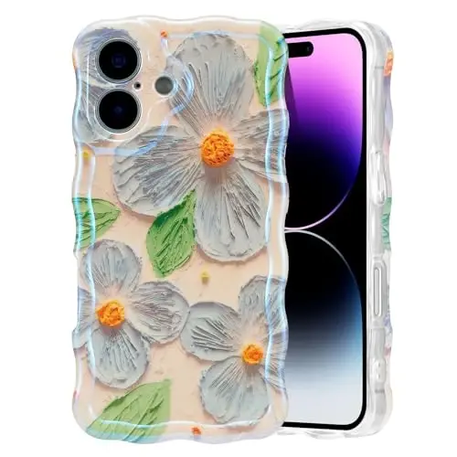 EYZUTAK Case for iPhone 16 Plus, Colorful Retro Oil Painting Flower Leaf Laser Glossy Pattern Cute Curly Waves Edge Exquisite Phone Cover Stylish Durable TPU Protective Case for Women - Blue Green 