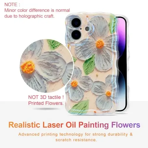 EYZUTAK Case for iPhone 16 Plus, Colorful Retro Oil Painting Flower Leaf Laser Glossy Pattern Cute Curly Waves Edge Exquisite Phone Cover Stylish Durable TPU Protective Case for Women - Blue Green - 2