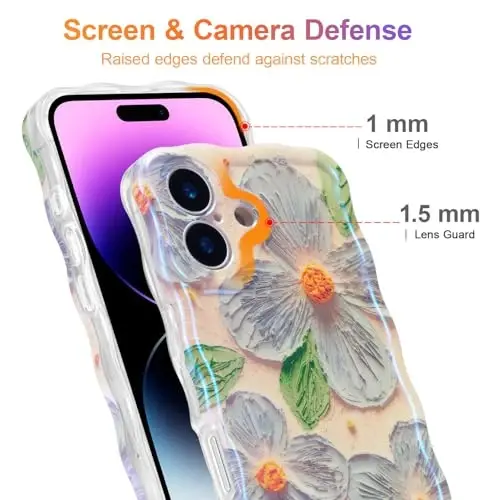 EYZUTAK Case for iPhone 16 Plus, Colorful Retro Oil Painting Flower Leaf Laser Glossy Pattern Cute Curly Waves Edge Exquisite Phone Cover Stylish Durable TPU Protective Case for Women - Blue Green - 4