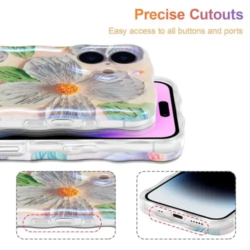 EYZUTAK Case for iPhone 16 Plus, Colorful Retro Oil Painting Flower Leaf Laser Glossy Pattern Cute Curly Waves Edge Exquisite Phone Cover Stylish Durable TPU Protective Case for Women - Blue Green - 5
