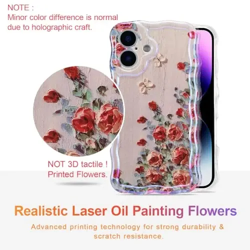 EYZUTAK Case for iPhone 16 Plus, Colorful Retro Oil Painting Printed Flower Laser Glossy Pattern Cute Curly Wave Edge Exquisite Phone Cover Stylish Durable TPU Protective Case for Girl Women-Beige - 2