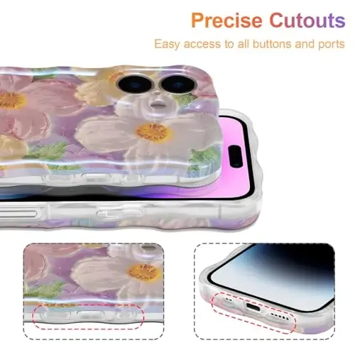 EYZUTAK Case for iPhone 16 Plus, Colorful Retro Oil Painting Printed Flower Laser Glossy Pattern Cute Curly Wave Edge Exquisite Phone Cover Stylish Durable TPU Protective Case for Girl Women-Pink - 5