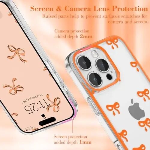 EYZUTAK Case for iPhone 16 Pro, Clear Cute Ribbon Bowknot Pattern Aesthetic Transparent Phone Case Raised Camera Protection Stylish Slim Soft Durable TPU Protective Cover for Women Girls - Orange - 2