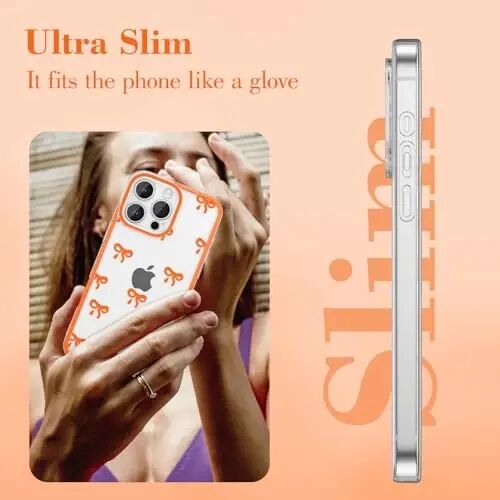 EYZUTAK Case for iPhone 16 Pro, Clear Cute Ribbon Bowknot Pattern Aesthetic Transparent Phone Case Raised Camera Protection Stylish Slim Soft Durable TPU Protective Cover for Women Girls - Orange - 4