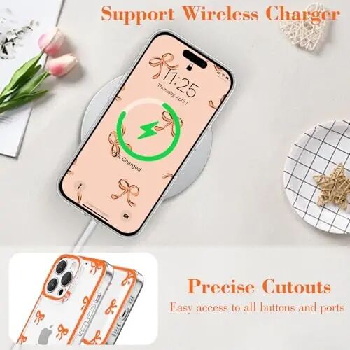 EYZUTAK Case for iPhone 16 Pro, Clear Cute Ribbon Bowknot Pattern Aesthetic Transparent Phone Case Raised Camera Protection Stylish Slim Soft Durable TPU Protective Cover for Women Girls - Orange - 5