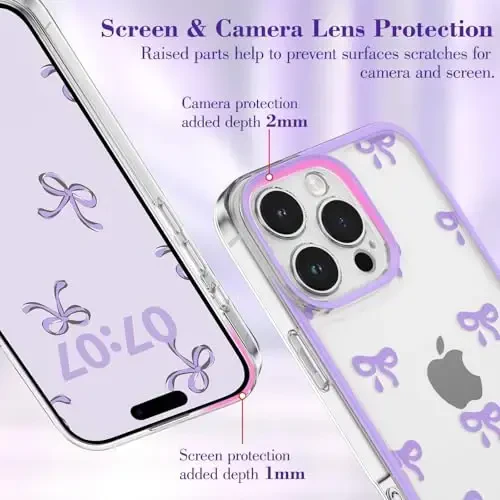 EYZUTAK Case for iPhone 16 Pro, Clear Cute Ribbon Bowknot Pattern Aesthetic Transparent Phone Case Raised Camera Protection Stylish Slim Soft Durable TPU Protective Cover for Women Girls - Purple - 11